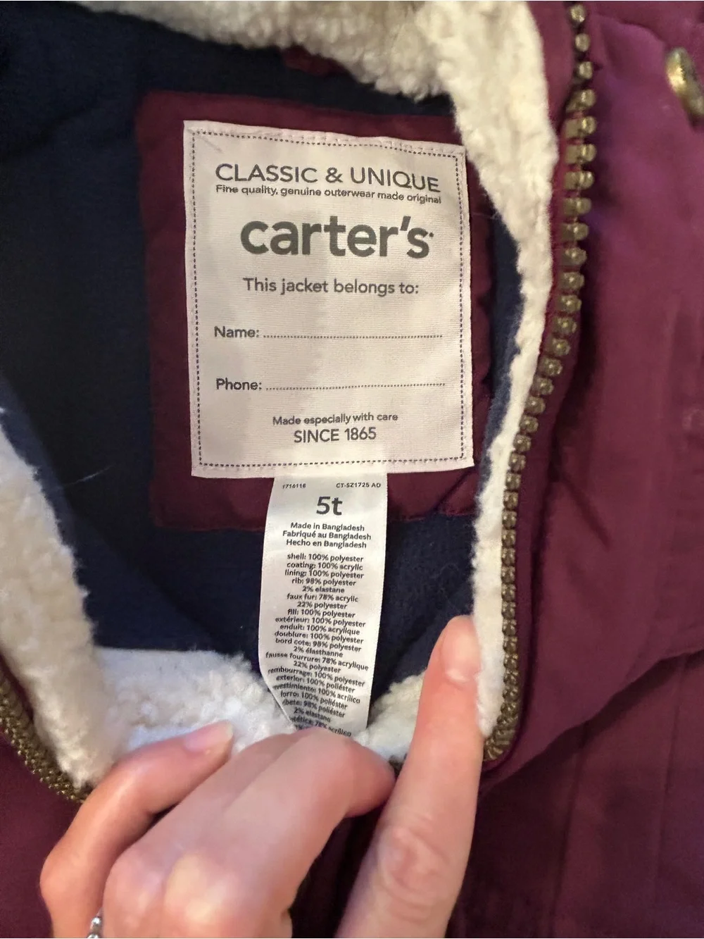 NWOT Carter's Girls' Maroon Hooded Puffer Coat with Faux Fur Trim